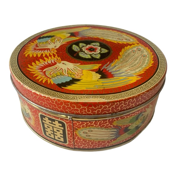 VTG England Asian Bird Motif Phoenix Metal Biscuit Tin Collectible Canister - Picture 2 of 12